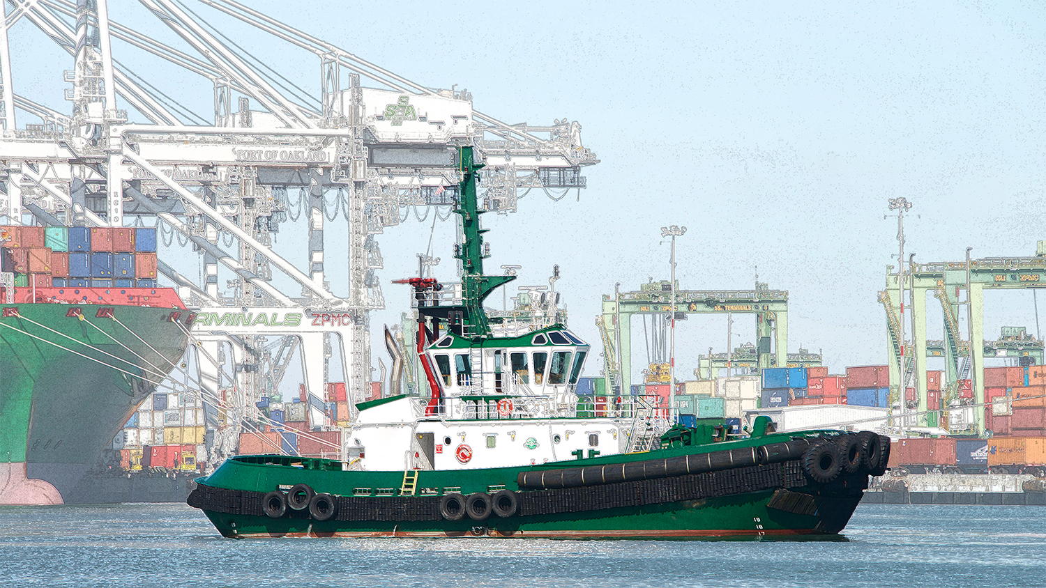Azimuth stern drive tractor tug at a container terminal.